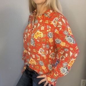 LOFT Red Floral Flowy Collared Button Down Top